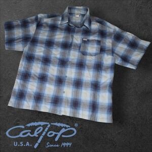 CalTop Men's Button Up SS Flannel Shirt USA Homie Grey Sky Blue‎ Plaid 5XL